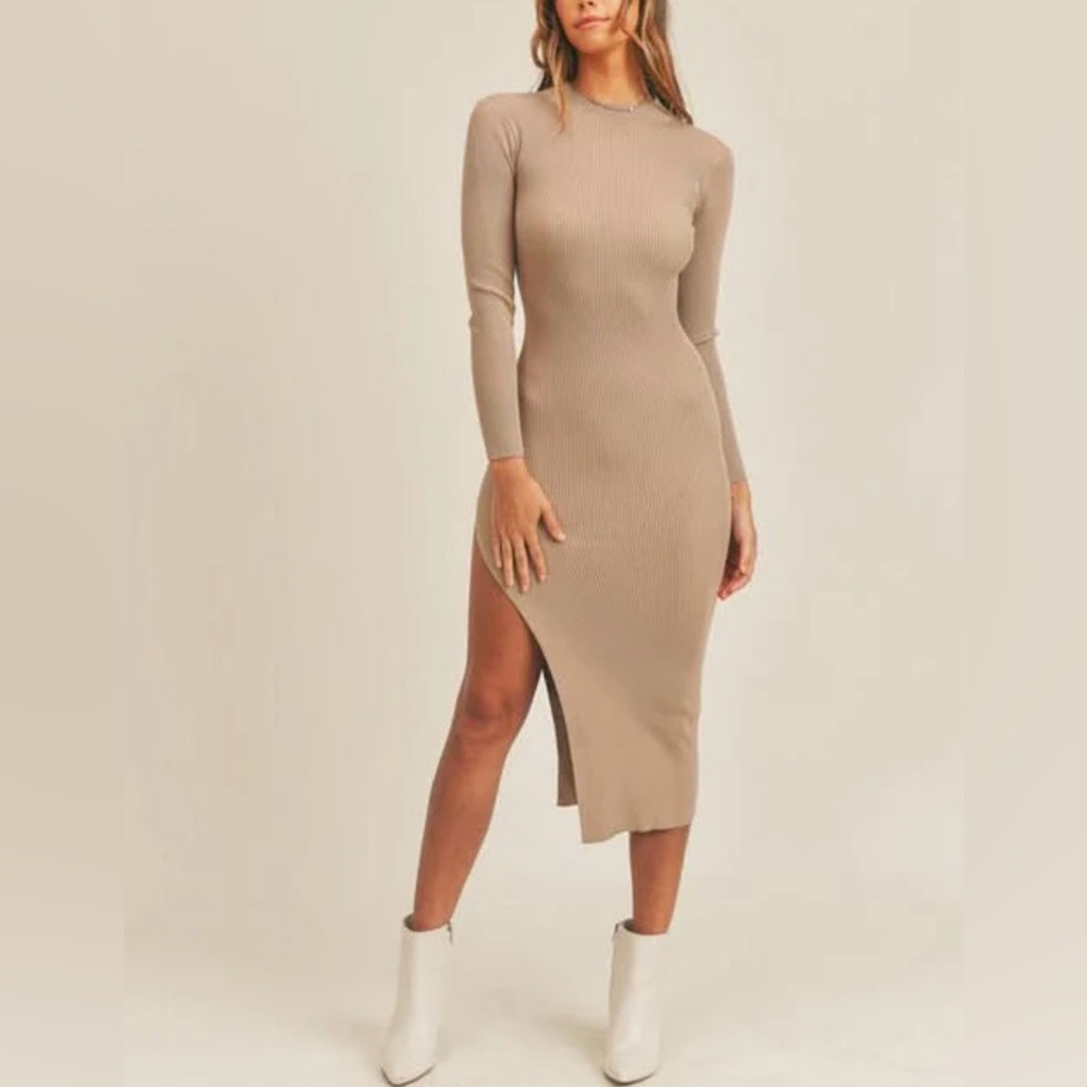 Long-Sleeve Asymmetric Midi Dress in Taupe